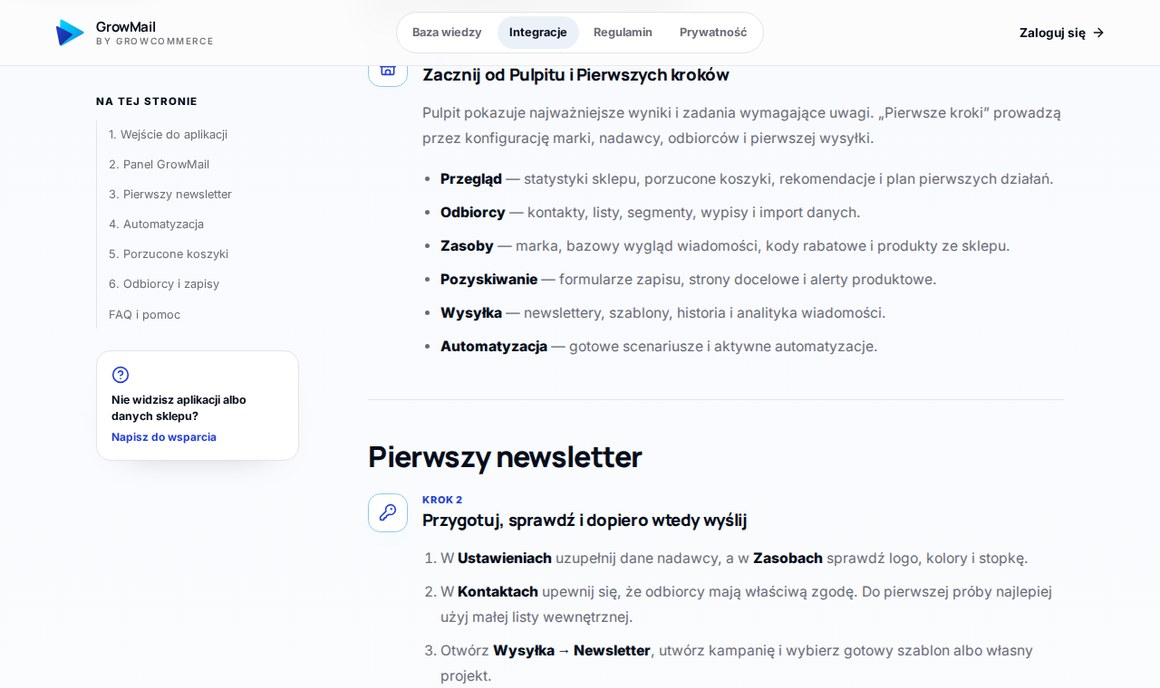 Instrukcja GrowMail dla Shopera: zakładki panelu, w tym Pozyskiwanie z alertami produktowymi