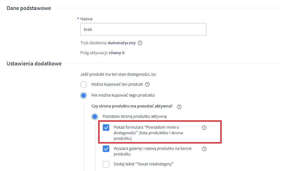 Panel Shoper: edycja stanu dostępności produktu z opcją Pokaż formularz Powiadom mnie o dostępności