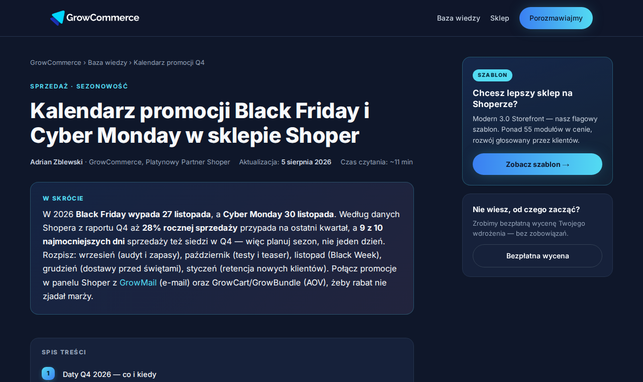 Kalendarz promocji Black Friday w bazie wiedzy GrowCommerce — kontekst onsite pod kampanię e-mail