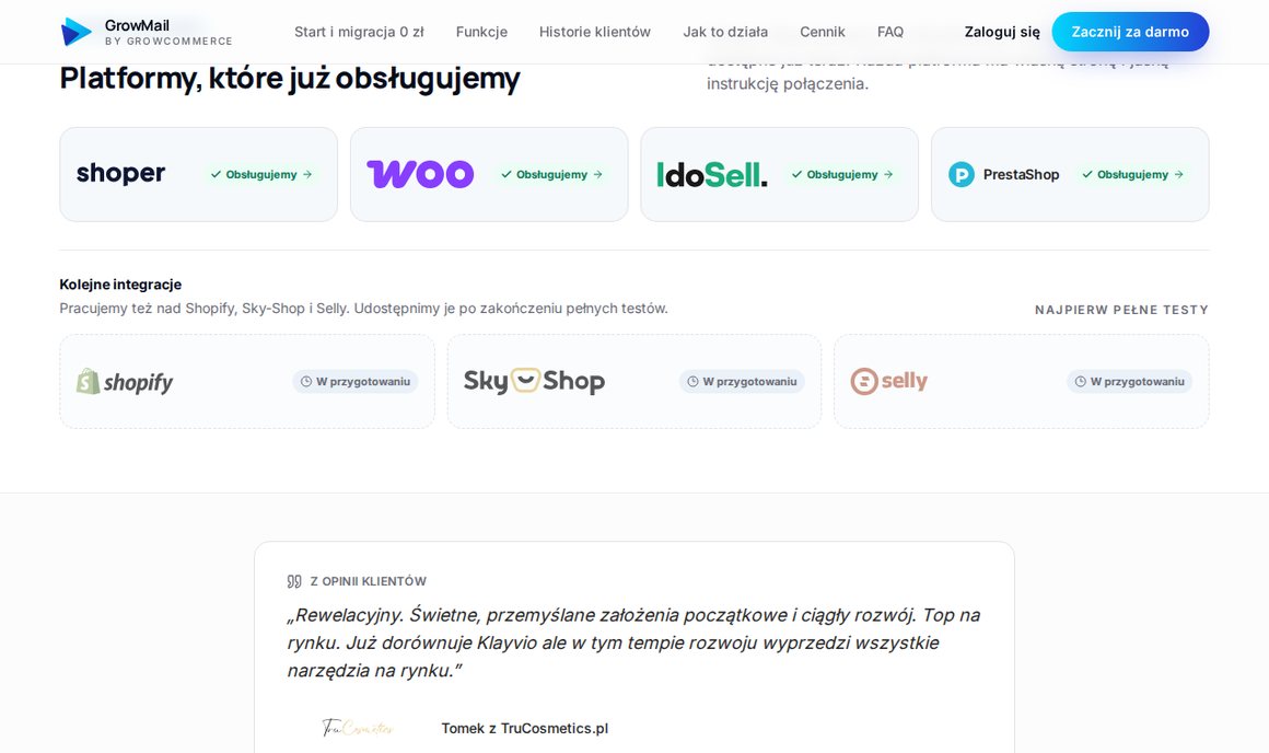 GrowMail — obsługiwane platformy: Shoper, WooCommerce, IdoSell, PrestaShop