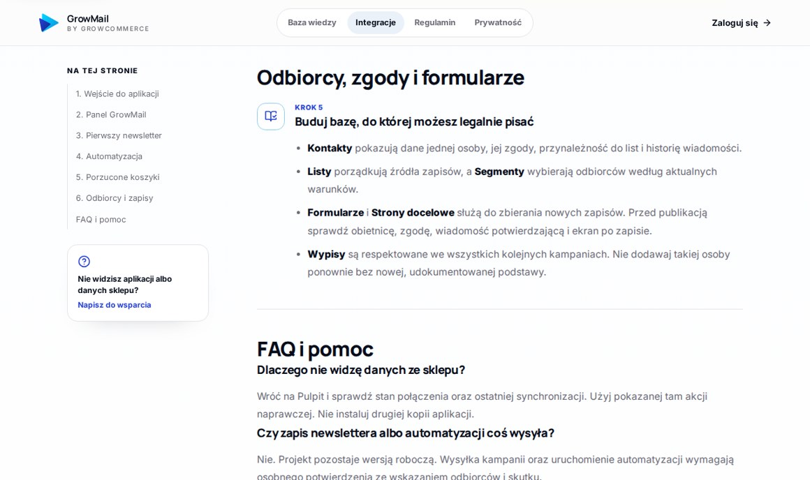 Instrukcja GrowMail dla Shopera: sekcja Odbiorcy, zgody i formularze z listami, segmentami, formularzami i wypisami