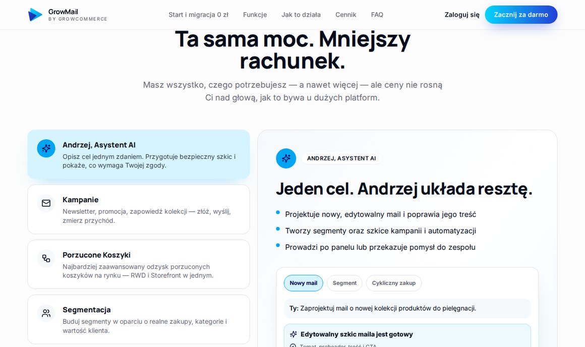 GrowMail: kampanie, porzucone koszyki, segmentacja, formularze, raporty i asystent AI Andrzej w jednym panelu