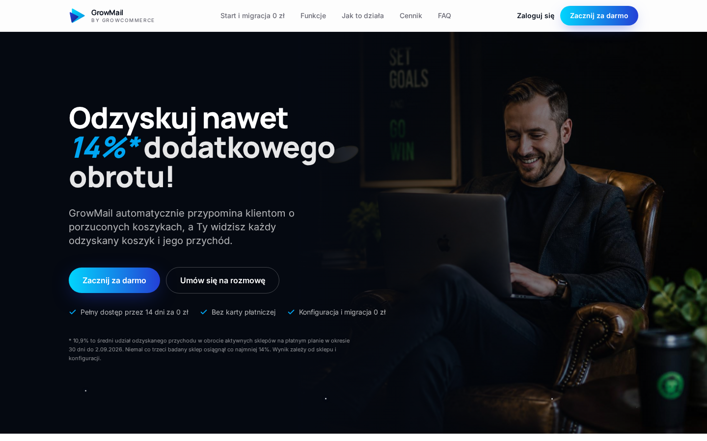 Landing GrowMail — odzysk koszyka i e-mail marketing dla sklepu Shoper