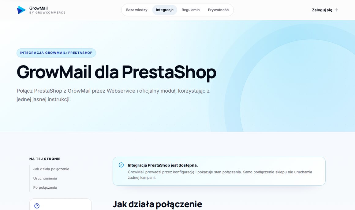 Strona integracji GrowMail dla PrestaShop: Webservice, pełny import i moduł zdarzeń