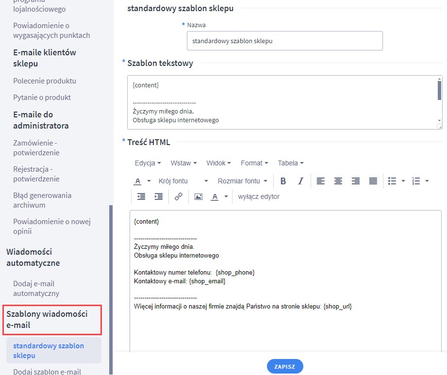 Edycja standardowego szablonu stopki wiadomości e-mail w panelu Shoper
