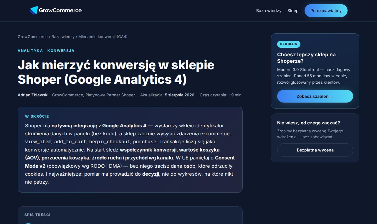 Poradnik mierzenia konwersji GA4 w sklepie Shoper — baza wiedzy GrowCommerce