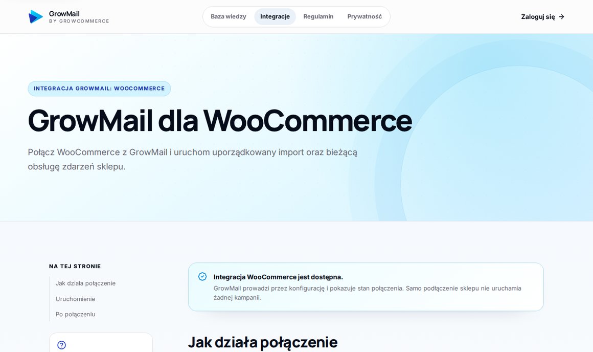 Strona integracji GrowMail dla WooCommerce: autoryzacja REST API i oficjalna wtyczka