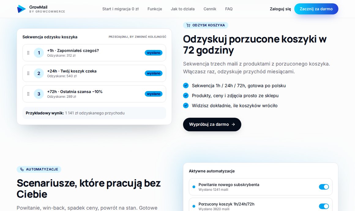 GrowMail: sekwencja odzysku porzuconego koszyka 1h, 24h i 72h z produktami ze sklepu