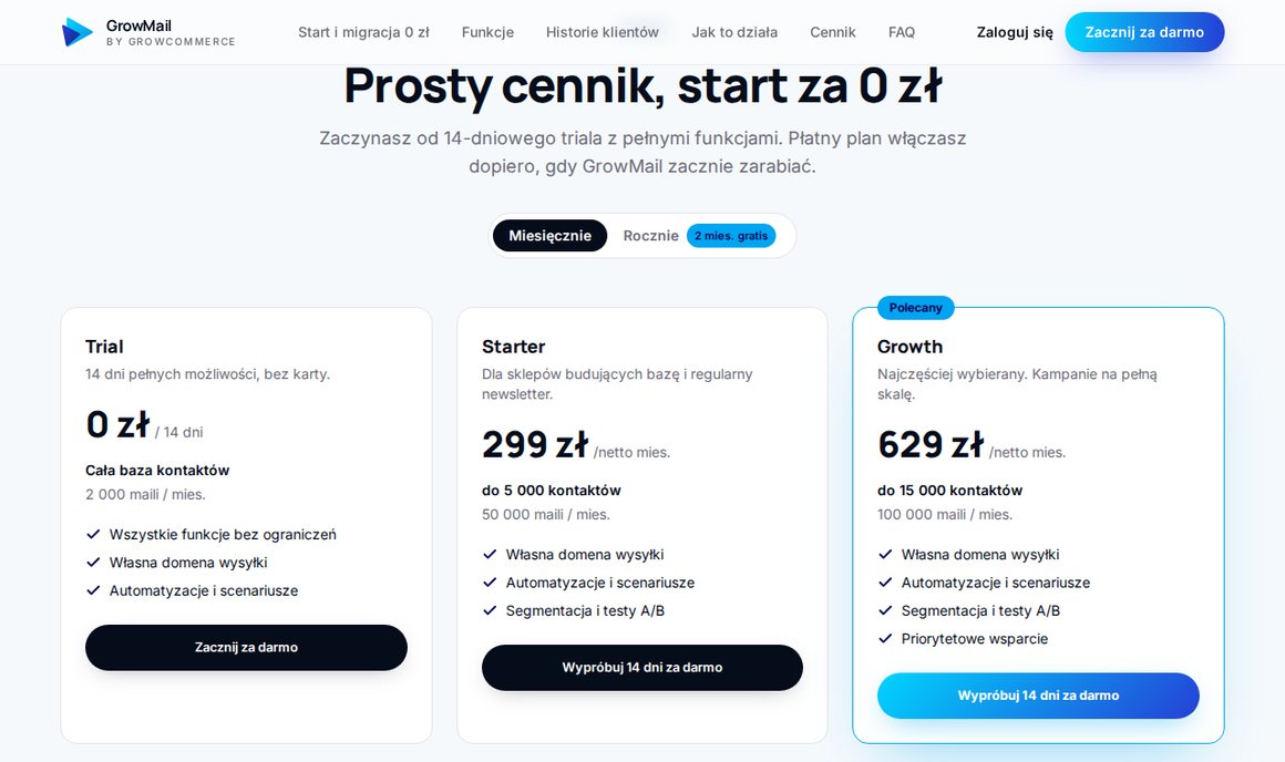Cennik GrowMail: plany Starter, Growth, Pro, Business i Scale, ceny netto miesięcznie