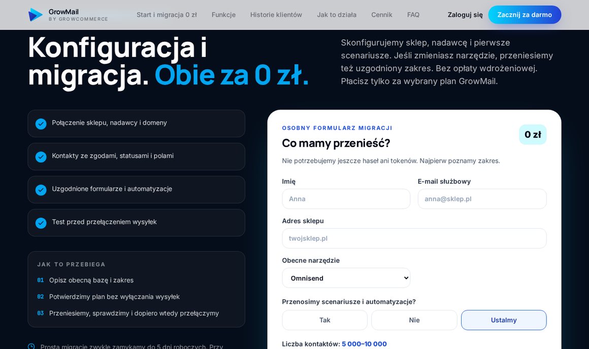 GrowMail: konfiguracja i migracja z innego narzędzia za 0 zł, formularz z wyborem obecnego narzędzia i liczby kontaktów
