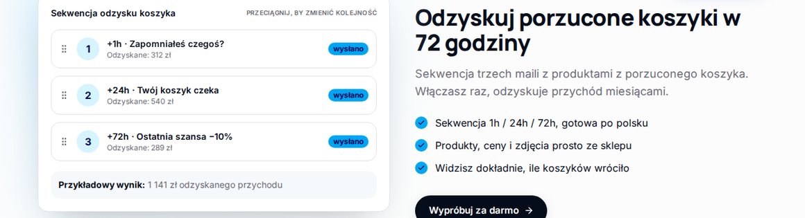 Panel GrowMail: sekwencja odzysku porzuconego koszyka po 1h, 24h i 72h z odzyskanym przychodem