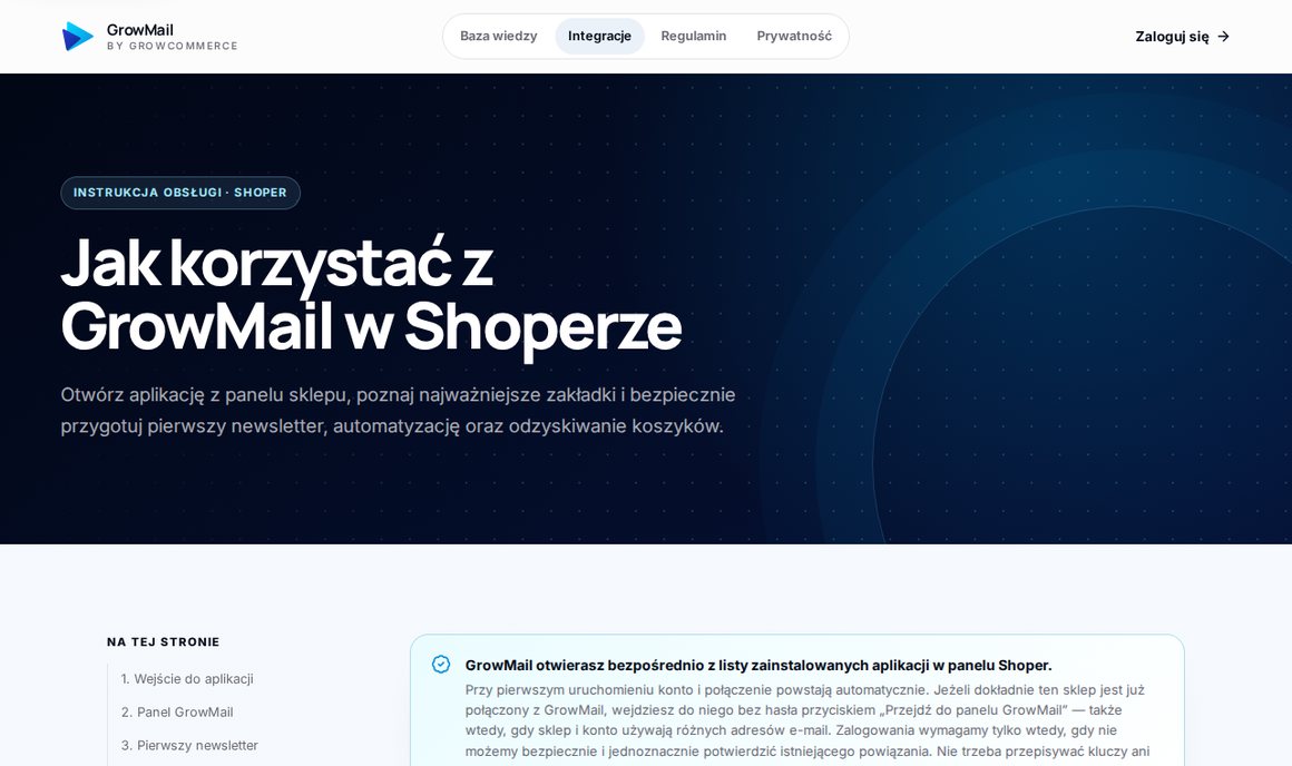 Instrukcja obsługi GrowMail w Shoperze: połączenie z panelu sklepu, pierwszy newsletter i porzucone koszyki
