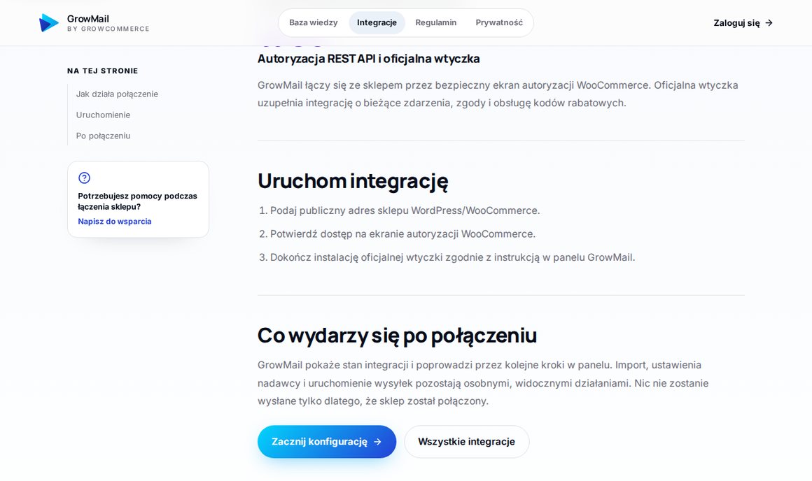 Trzy kroki połączenia GrowMail z WooCommerce: adres sklepu, autoryzacja, wtyczka
