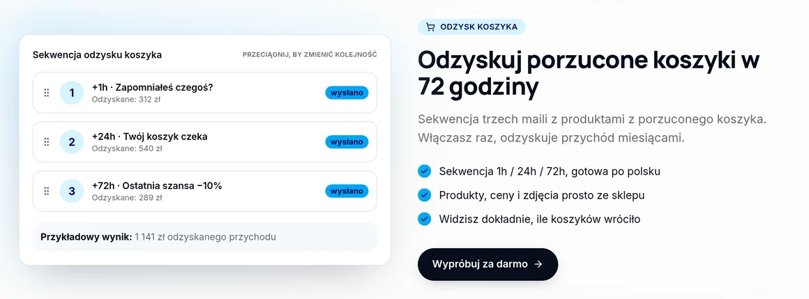 Sekwencja odzysku koszyka w GrowMail: maile po 1 h, 24 h i 72 h z odzyskanym przychodem