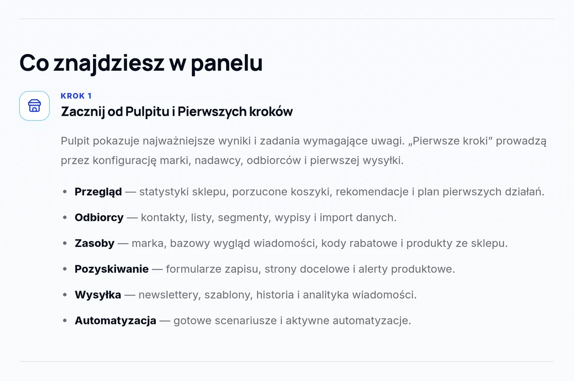 Sekcje panelu GrowMail: Przegląd, Odbiorcy, Zasoby, Pozyskiwanie, Wysyłka, Automatyzacja