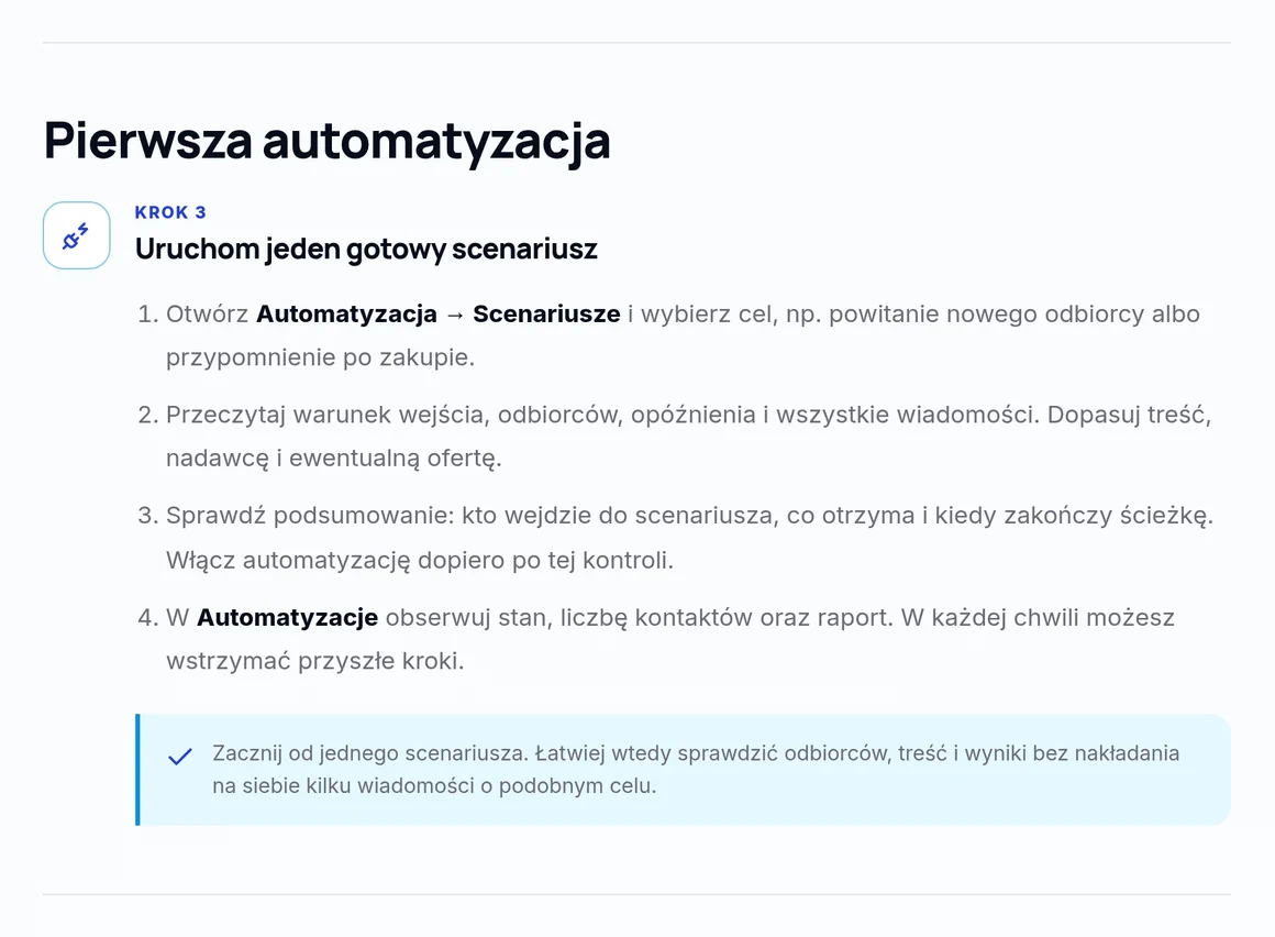 Instrukcja GrowMail: uruchom jeden gotowy scenariusz z Automatyzacja → Scenariusze
