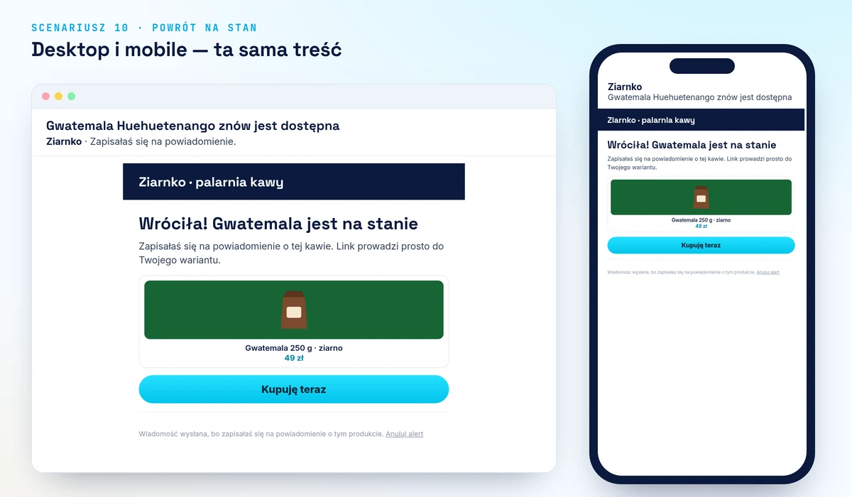 Przykładowy mail ze scenariusza Powrót na stan i spadek ceny na desktopie i telefonie (fikcyjny sklep Ziarnko)