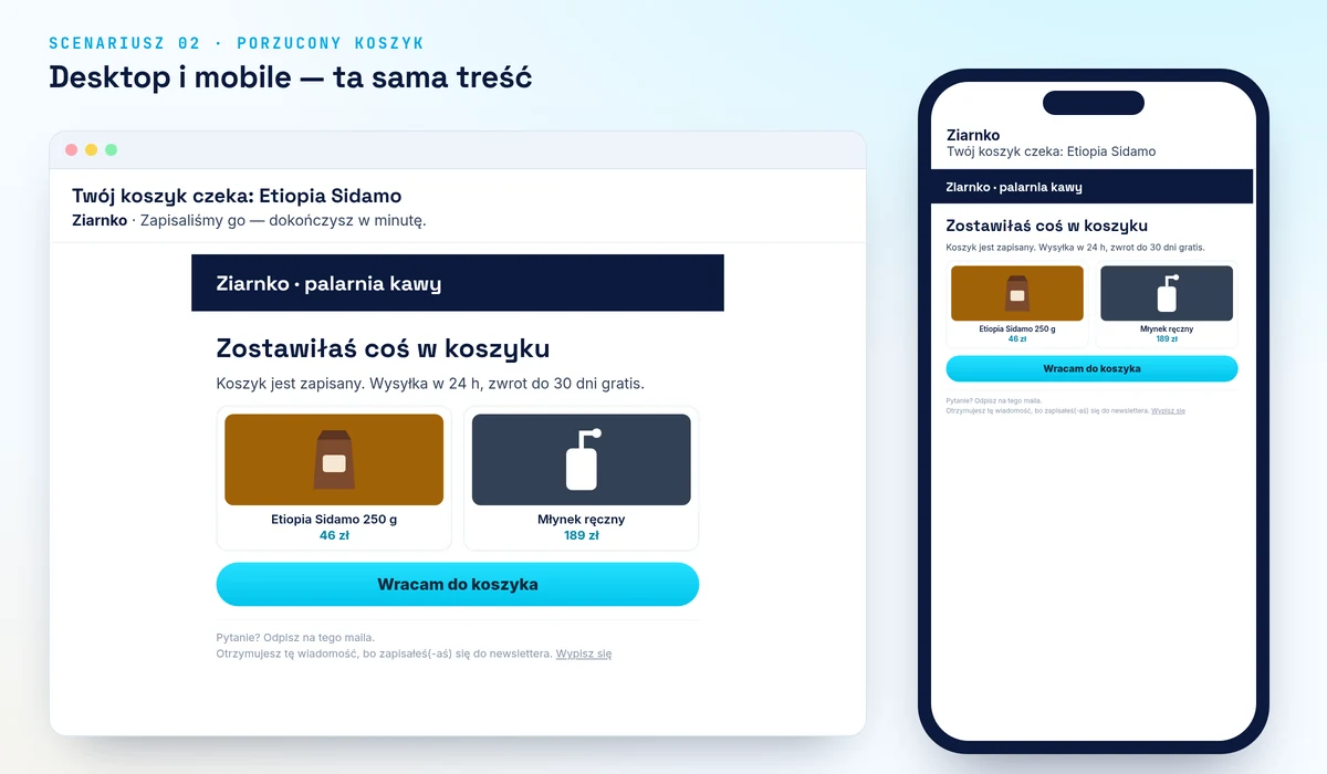 Przykładowy mail ze scenariusza Porzucony koszyk na desktopie i telefonie (fikcyjny sklep Ziarnko)