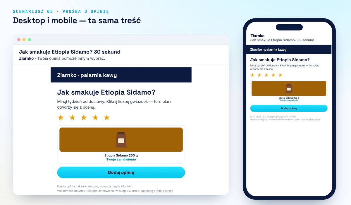Przykładowy mail ze scenariusza Prośba o opinię na desktopie i telefonie (fikcyjny sklep Ziarnko)