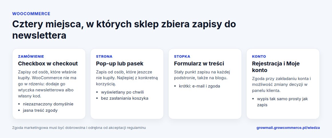 Cztery miejsca zbierania zapisów do newslettera w sklepie WooCommerce: checkbox w zamówieniu, pop-up lub pasek, formularz w stopce i rejestracja konta
